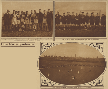 870803 Collage van 3 foto's betreffende de voetbalwedstrijd U.V.V.-E.D.O. te Utrecht; de wedstrijd eindigde in 1-1.